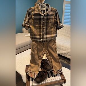 BURBERRY Plaid Shirt and Khaki Pants Set with Brown Boots